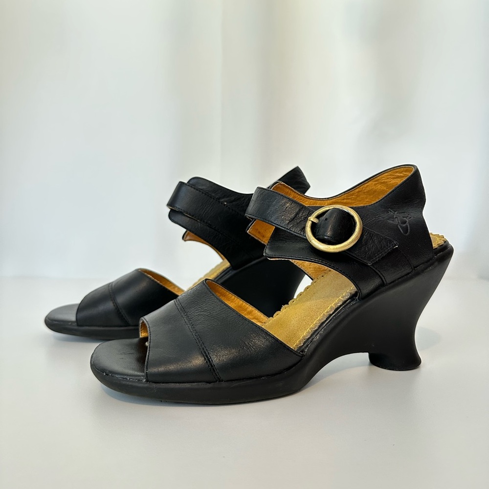 John Fluevog black leather wedge heels.  From the ‘Friends’ collection.  Size 9